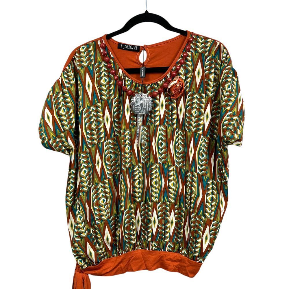 Smash Women Top Blouse Beaded Detail Side Tie Boho Aztec Print Short Sleeve M*